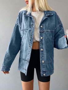 ZIRRA Women's Autumn Dropped Shoulder Long Sleeve Single-Breasted Casual Pocket Denim Jacket - Medium Wash - View 3