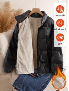 SHEIN CURVE+ Große Damen Reißverschluss Kapuzen Jacke mit Polsterung für Herbst und Winter, dick