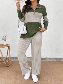 EMERY ROSE Conjunto informal de 2 piezas de camiseta de manga larga con cuello, cremallera y bloques de color de punto suave y pantalones acanalados suaves para tallas grandes - Multicolor - Ver 1