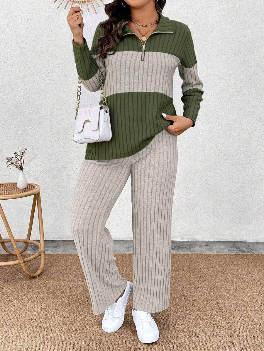 EMERY ROSE Conjunto informal de 2 piezas de camiseta de manga larga con cuello, cremallera y bloques de color de punto suave y pantalones acanalados suaves para tallas grandes - Multicolor - Ver 1