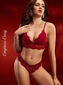 EmpressEnvy Women's Fashion Sexy Solid Color Breathable Wireless Lace Bra And Panty Set - Burgundy - View 4