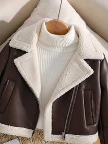 SHEIN Tween Girl Casual Street Chic Motorcycle Collar Metal Zipper Closure PU Lined Fleece Composite Fleece Short Long Sleeve Lapel Patchwork Faux Fur Jacket Coat, In Fall/Winter Girl Sweater Jacket Brown Jacket Teen Girls Teen Girl Zip Up Sweater Tween Crop Jacket Tween Plush Jacket - Brown - View 4