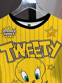 LOONEY TUNES X SHEIN Áo thun tay ngắn họa tiết sọc họa tiết hoạt hình đường phố thời trang thường ngày dành cho nữ, mùa hè - trắng - Xem 5
