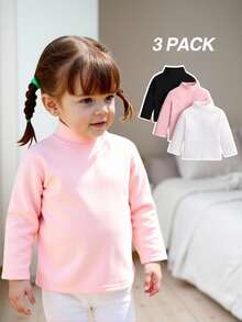 SHEIN Playful Pals 3件装女婴针织柔软长袖上衣，适合0-3岁儿童，高领长袖衬衫，面料柔软亲肤，增添甜美气息，适合秋冬季作为内搭，适合户外活动、家庭聚会等场合。