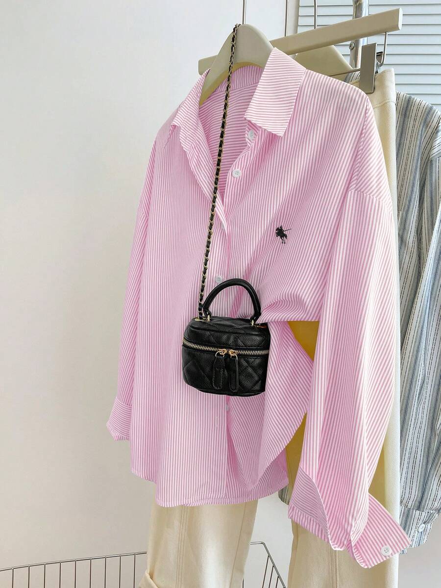 SHEIN Plus Size Casual Commuter Striped Shirt, Autumn - Baby Pink - View 1
