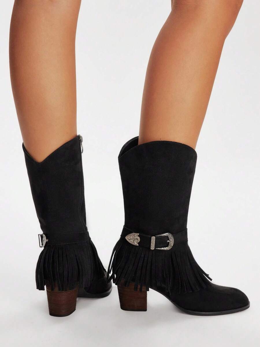 Styleloop Women's Chunky Heel Black Retro British Style Fringe Western Cowboy Mid-Calf Boots, Suitable For Vacation, Travel, Outdoor - Black - View 1