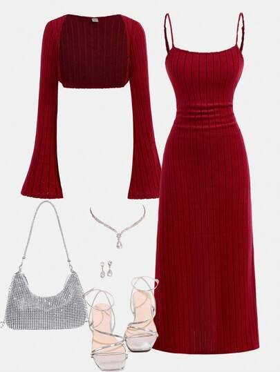 SHEIN Girlism Tween Girls 2pcs/Set , Red Knitted Ribbed, Knit Shrug Top And Form-Fitting Dress Set, Elegant & Stylish Outfit For Casual Occasions Red Dress Set Ribbed Knit Dress Red Outfit Girl Maroon Outfits Burgundy Outfit Girls