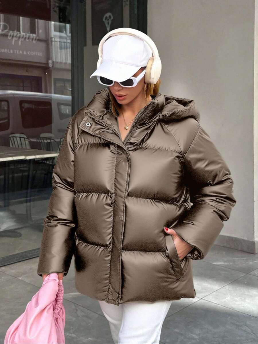 EURMUSE Woman Solid Color Woven Padded Insulated Winter Coat Jacket Zip Up Snap Button Front Hoody Neck Short Regular Length Winter Clothing Casual - Mocha Brown - View 1