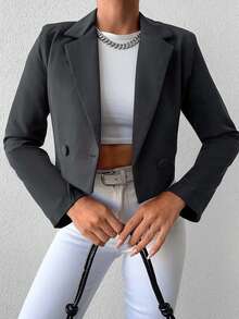EURMUSE Women's Solid Color Long Sleeve Two-Button Short Casual Blazer - Dark Grey - View 4