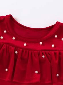 Girls' Beaded Ruffle Trim Off-Shoulder Long Sleeve Velvet Dress, Suitable For Casual, Elegant, Fashion Parties, Gatherings, Birthdays, Holidays, Christmas - Red - View 4