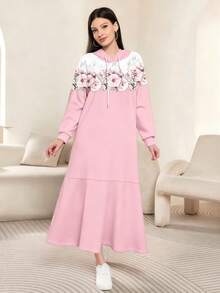 Modelyn Vestido maxi de mujer con mangas raglán de manga larga, estampado digital elegante con degradado floral, con capucha, de moda, para primavera/otoño