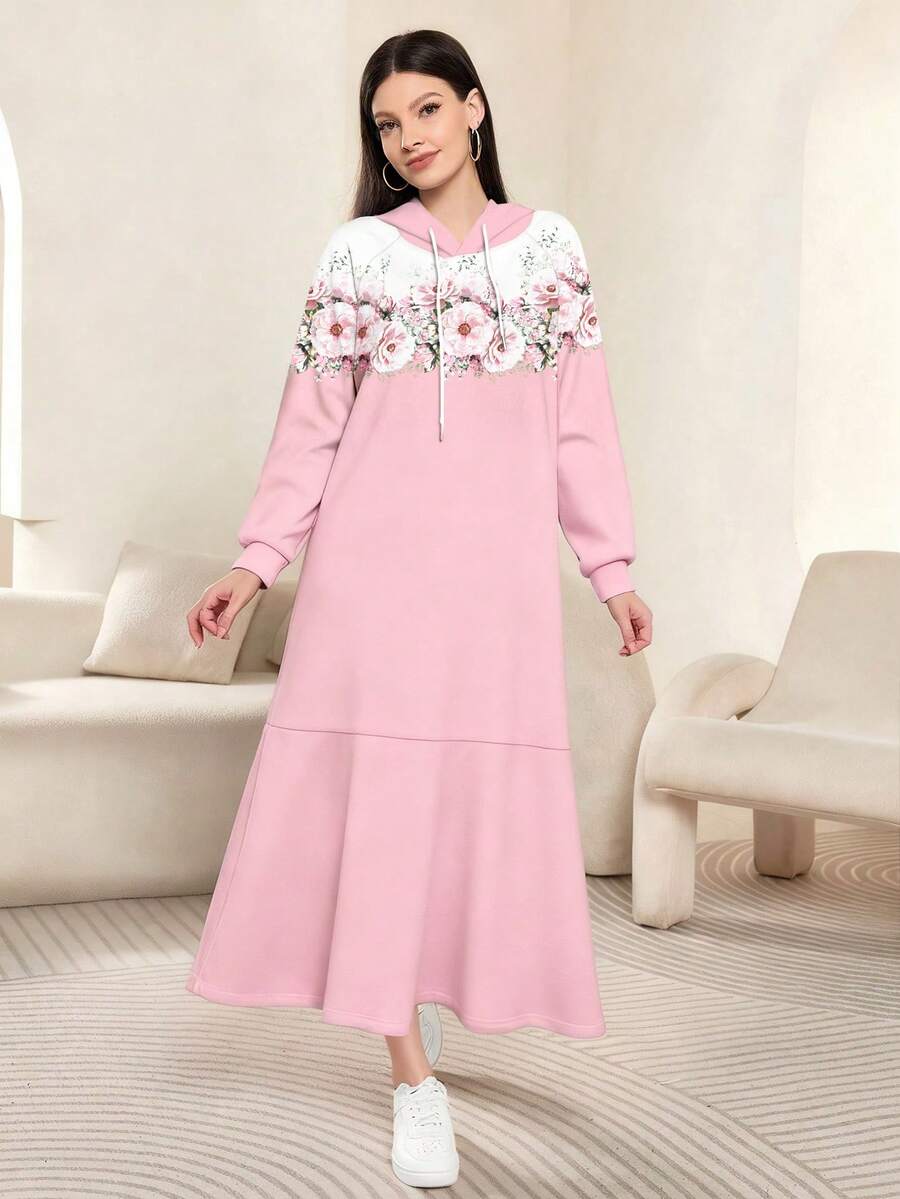 Modelyn Vestido maxi de mujer con mangas raglán de manga larga, estampado digital elegante con degradado floral, con capucha, de moda, para primavera/otoño