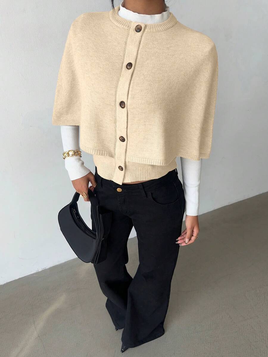 Elenzga Women's Poncho Button Elegant Batwing Knit Cardigan Sweater - Apricot - View 1