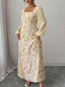 Modelyn 女士粉色花卉印花拼接方领长袖优雅约会连衣裙 - 黃色 - 查看 4