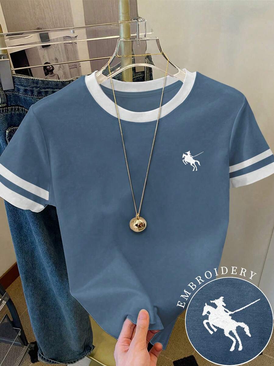 SHEIN 女款T恤/保罗图案印花/刺绣工艺/女士宽松休闲撞色圆领T恤上衣/春夏 - 彩色 - 查看 1