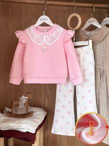 Vintaside Kids 女童春秋季圆领长袖清新时尚简约连帽衫搭配休闲简约草莓印花长裤套装，适合温和天气外出、露营或日常休闲穿着。 - 粉色 - 查看 1