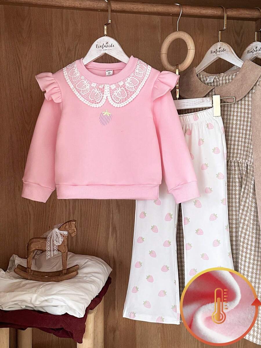 Vintaside Kids 女童春秋季圆领长袖清新时尚简约连帽衫搭配休闲简约草莓印花长裤套装，适合温和天气外出、露营或日常休闲穿着。 - 粉色 - 查看 1
