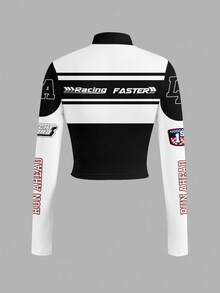 Slaydiva 简约休闲女式秋冬弹力长袖半领拉链外套/紧身长袖/女士秋季/Y2K/街头风/外出/F1赛车图案 - 彩色 - 查看 2