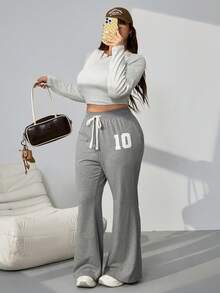 SHEIN EZwear 大码女式数字印花抽绳腰喇叭休闲裤，大码喇叭运动裤，秋冬款 - 淺灰色 - 查看 6