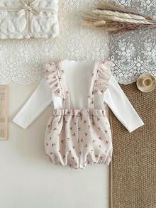 SHEIN Baby Girl 2pcs/Set Fall Outfits For Girl Casual Daily Style Loose Suit, Long Sleeves Basic Top&Heart-Printing Bodysuits - Apricot - View 2