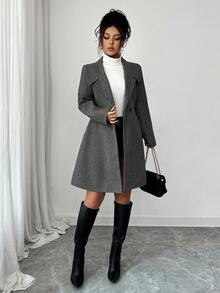 SHEIN PETITE Áo khoác len dài tay ôm sát, cổ bẻ, dáng xòe, thời trang thu/đông cho nữ - Màu xám đen - Xem 3