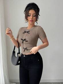 Elenzga Women's Hollow Out Soft Rope Knit Bow Decor Pullover Top, Suitable For Beach - Khaki - View 3
