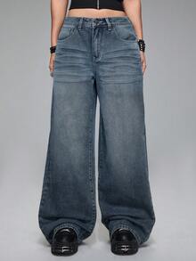 ROMWE Grunge Punk Y2K 别致字母与十字刺绣做旧宽松低腰阔腿女式牛仔裤