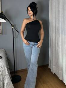 Vassilux Women's Black Sexy Metal Pleated One Shoulder Sleeveless Bodysuit - Black - View 4