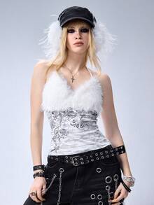 ROMWE Grunge Punk توب كامي بحمالات رفيعة مزخرف بالرقعات الفرائية الفاخرة من طراز Y2K الألفية - أبيض - مشاهدة 5
