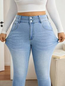 Lounesse Plus Size Blue Stretch Skinny Cropped Denim Jeans Winter Jeans Winter Women's Jeans Women Jeans Skinny Stretch Jeans Curve Women High Waisted Denim Curled Hem Pants - Light Wash - View 4