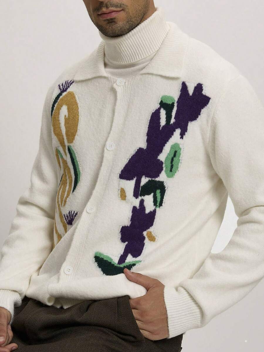 Manfinity Homme 男士翻领纽扣针织开衫，时尚百搭的秋冬开衫，男士毛衣，可单穿，适合派对、居家生活、休闲旅行，是送给男友的绝佳礼物，男士针织花卉图案90年代复古风开衫，长袖上衣 - 白色 - 查看 1