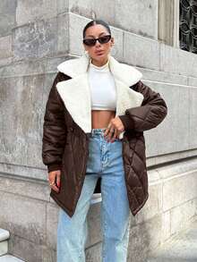 EURMUSE Women Padded Coat, The Waist-Closed Shape-Elegant Style, Contrast Colour, Rib Cuff - Brown - View 6