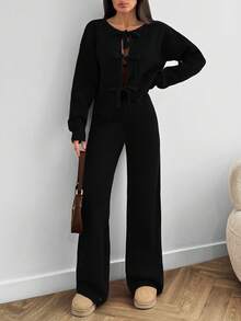 RueChic Women Bow Tie Front Detailed Cardigan And Sweater Pant 2 Two Pieces Set