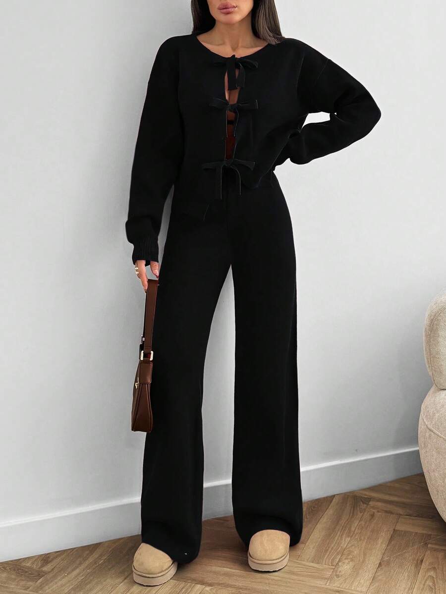 RueChic Women Bow Tie Front Detailed Cardigan And Sweater Pant 2 Two Pieces Set