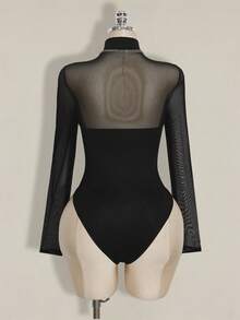 SHEIN ICON Combinaison grande taille en maille noire unie à manches longues, Top transparent avec col montant et manches classiques, combinaison femme style Y2K - Noir - Voir 10