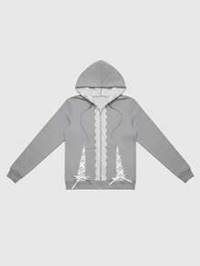 ROMWE Y2K 风格芭蕾女孩休闲撞色蕾丝前开帽衫 - 灰色 - 查看 2