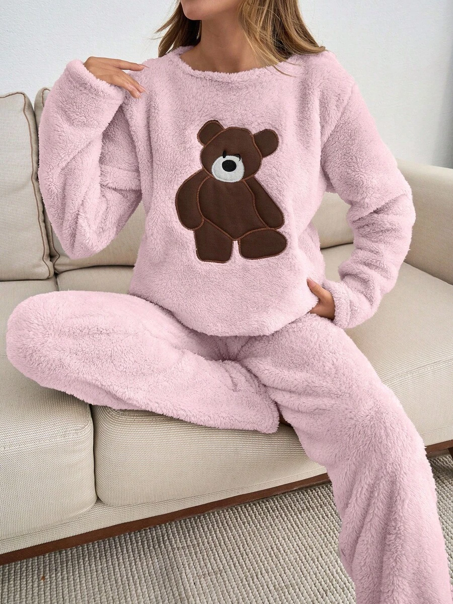 EURMUSE Plus 2pcs Plush Bear Embroidery Detail Homewear PJ Set - Baby Pink - View 1