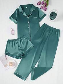 Women's 3-Piece Solid-Color Pajama Set With Contrasting Trim In Faux Silk - Brown - View 6