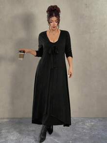 Elenzga Plus Size Black Autumn Elegant Formal Dinner Evening Two Pieces Set,Soft Elastic Waist A-Line Camisole Dress,Brushed Ribbed Long Sleeve Long Cardigan - Black - View 3