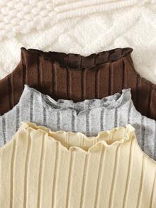 SHEIN 3件套少女秋冬罗纹立领修身长袖上衣，休闲百搭套头衫 - 棕色 - 查看 3