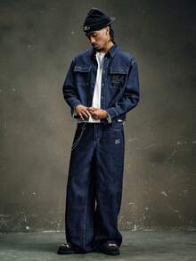 AXEPEAK 1 Conjunto de Top de manga larga con botones delanteros y Pantalones de mezclilla con bolsillo bordado - Azul - Ver 1