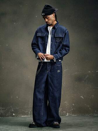 AXEPEAK 一套前扣长袖上衣和刺绣口袋牛仔裤套装