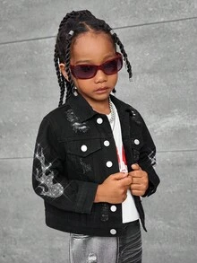 Young Boy Urban Street Flame Rhinestone Portrait Graphic Lapel Long Sleeve Loose Fit Black Denim Jacket, Fall Winter, Dailywear, Streetwear,Christmas,New Year,Thanksgiving,2000s