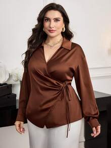 Modelyn Plus Size Women's Solid Color Lapel Drop Shoulder Long Sleeve Wrap Tie Elegant Blouse - Coffee Brown - View 5
