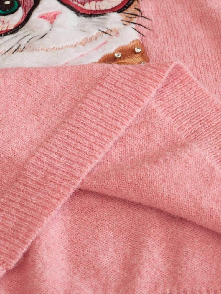 Elegant Plus Size Chunky Knit Sweater With Embroidered Cherry Cat Design, Suitable For Autumn, Winter, Formal, Party, Chic, Christmas, Plus Size