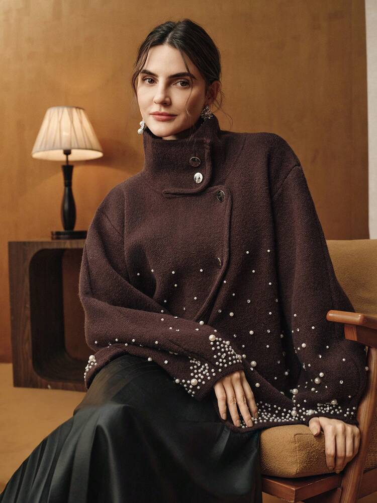 Women's Winter Cardigan With Luxurious Faux Pearl And Rhinestone Embellishments, Elegant Outerwear For Women, Birthday