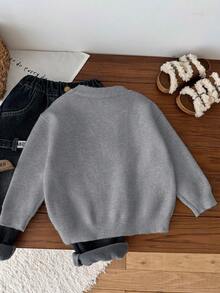 Young Boys' Thickened Fleece Pullover Sweater, Cute Animal Embroidery Pattern, Versatile & High Elasticity, Suitable For Home & Outdoor, Autumn/Winter - Grey - View 2