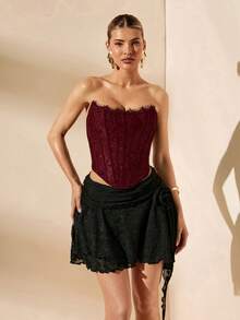 SHEIN BAE 夏季海滩度假纯色蕾丝抹胸上衣，适合日常约会、夜间外出、夜店、派对、聚会、鸡尾酒会、泳池派对、返校季、学期中、假期、办公室通勤等场合，性感束身衣，情人节礼物，女士情人节礼物 - 酒紅色 - 查看 7