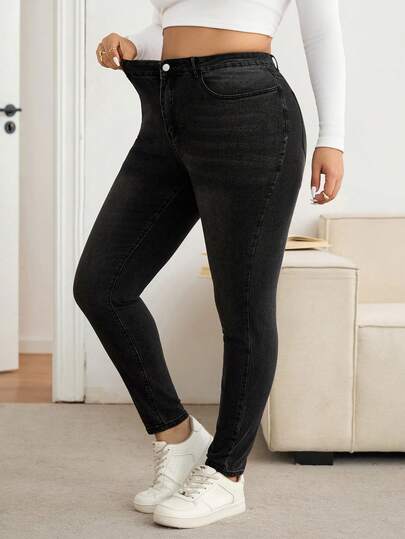Lounesse Plus Size Elastic Tight Fitting Denim 3/4 Pants, Black, Fall Women Clothes
