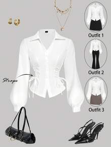 Blusa blanca elegante con mangas de farol y cintura anudada, simple y versátil para el trabajo y el transporte, blusas elegantes para mujeres, camisa con lazo, blusa blanca con lazo delante - Rosa - Ver 10